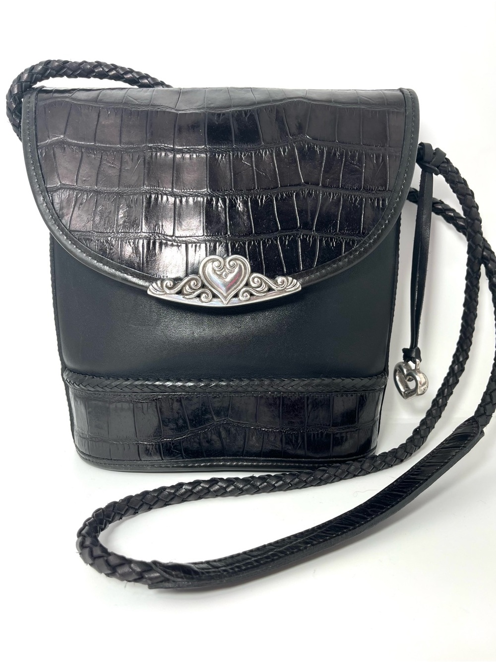 Brighton Black Croc-Embossed Leather Crossbody braid strap silver heart charm
